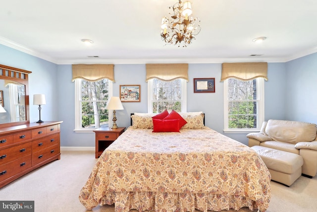 7951 Kelly Ann Ct, Fairfax Station, VA 22039 - bedroom with light colored carpet, crown molding, multiple windows, a chandelier, and baseboards
