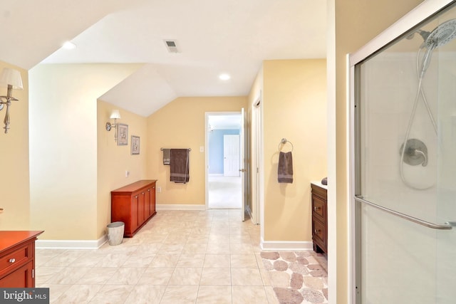 7951 Kelly Ann Ct, Fairfax Station, VA 22039 - bathroom with vanity, a shower with shower door, recessed lighting, baseboards, and vaulted ceiling