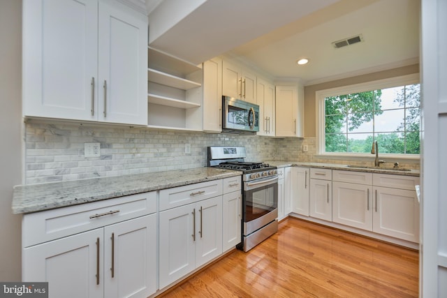 6823 Donahue Ct, Falls Church, VA 22042 - kitchen with stainless steel appliances, open shelves, white cabinetry, a sink, and decorative backsplash