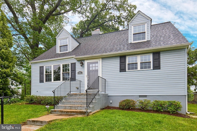 6823 Donahue Ct, Falls Church, VA 22042 - cape cod-style house with a front lawn, a shingled roof, and a chimney