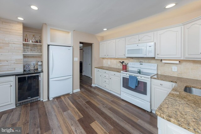 347 Paulsboro Rd, Woolwich Twp, NJ 08085 - kitchen with white appliances, beverage cooler, light stone countertops, white cabinetry, and recessed lighting