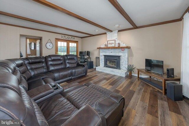 347 Paulsboro Rd, Woolwich Twp, NJ 08085 - living area with beamed ceiling, wood finished floors, and a brick fireplace