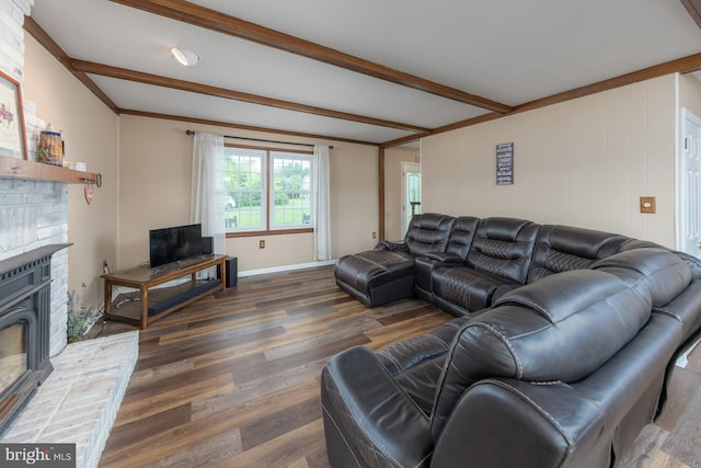 347 Paulsboro Rd, Woolwich Twp, NJ 08085 - living room featuring beamed ceiling, wood finished floors, and a fireplace