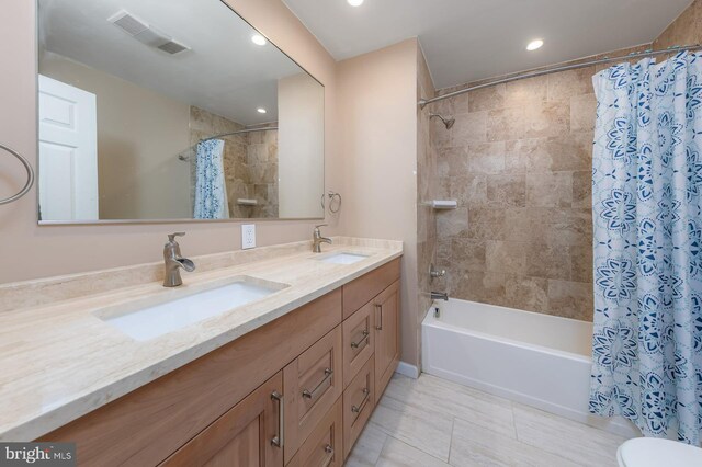 347 Paulsboro Rd, Woolwich Twp, NJ 08085 - bathroom featuring shower / tub combo with curtain, double vanity, and recessed lighting