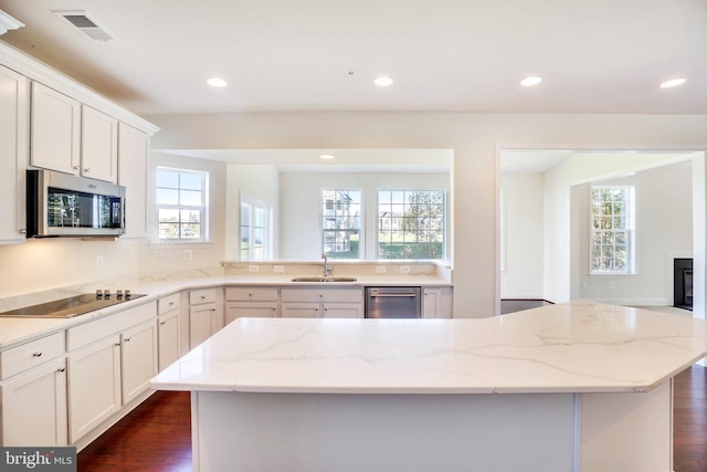 15491 Barnesville Rd, Boyds, MD 20841 - kitchen with appliances with stainless steel finishes, a sink, dark wood-style flooring, white cabinetry, and recessed lighting