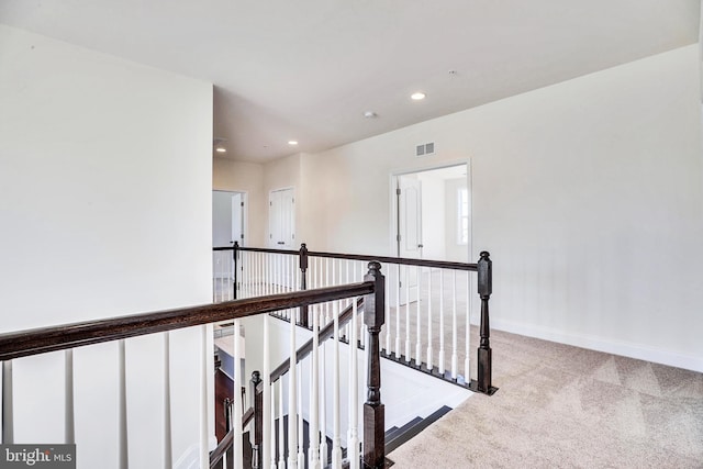 15491 Barnesville Rd, Boyds, MD 20841 - hallway with an upstairs landing, carpet floors, recessed lighting, and baseboards