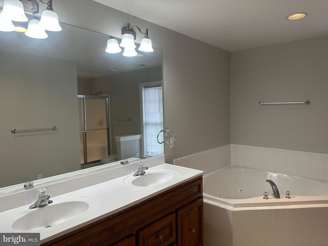 27 Kleis Rd, Severna Park, MD 21146 - full bath with a chandelier, a whirlpool tub, a stall shower, double vanity, and recessed lighting
