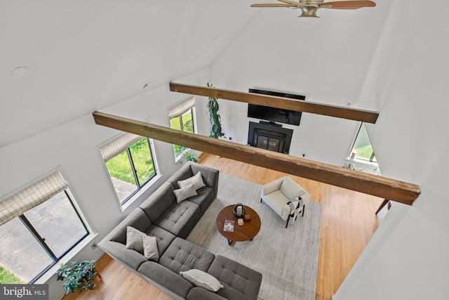 11212 Angus Pl, Potomac, MD 20854 - living area featuring high vaulted ceiling, ceiling fan, a glass covered fireplace, wood finished floors, and plenty of natural light