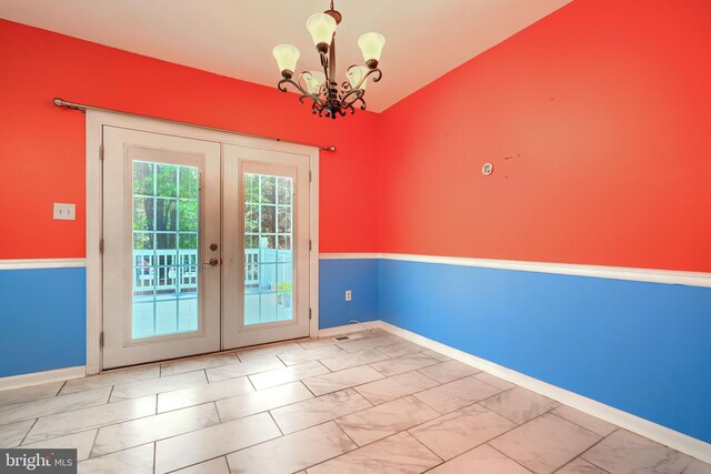 1713 Sea Pine Cir, Severn, MD 21144 - doorway featuring french doors, marble finish floors, a chandelier, and baseboards
