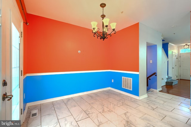 1713 Sea Pine Cir, Severn, MD 21144 - empty room featuring a chandelier, baseboards, marble finish floors, and stairs