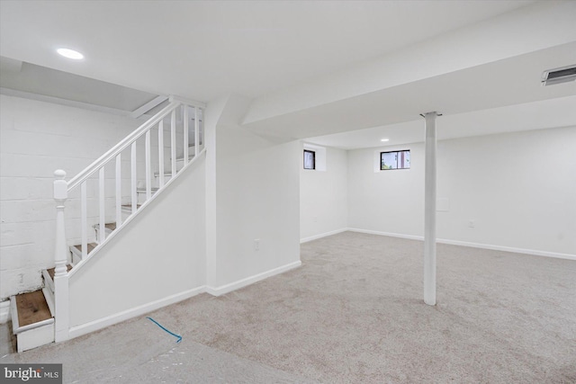 5507 Heatherwood Rd, Baltimore, MD 21227 - basement featuring stairs, carpet, recessed lighting, and baseboards
