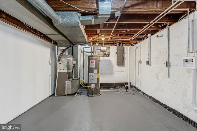 5507 Heatherwood Rd, Baltimore, MD 21227 - unfinished basement featuring electric panel, water heater, and heating unit