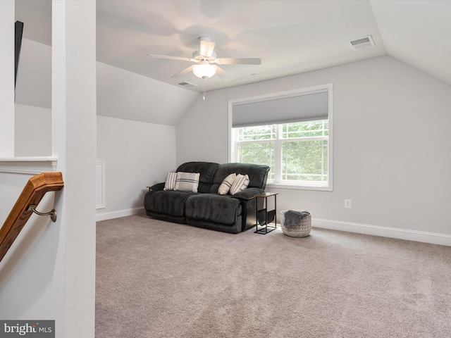 933 Winding Rd, Edgewater, MD 21037 - living area with lofted ceiling, carpet floors, ceiling fan, and baseboards