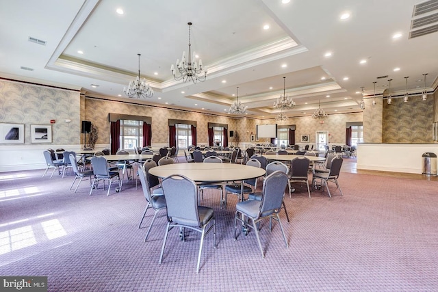 14040 New Acadia Ln Unit 408, Upper Marlboro, MD 20774 - dining space with ornamental molding, carpet floors, a raised ceiling, a chandelier, and wallpapered walls
