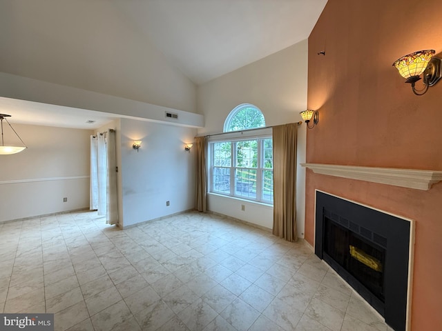 15 E Park Rd, Newtown, PA 18940 - unfurnished living room with high vaulted ceiling, a fireplace, and baseboards