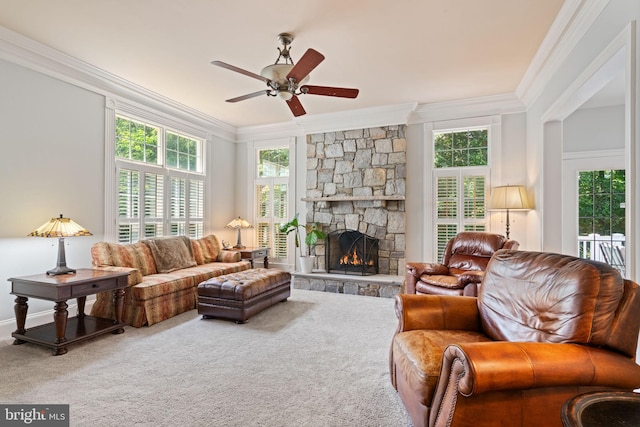 4729 Grand Masters Way, Woodbridge, VA 22192 - carpeted living room with crown molding, a fireplace, healthy amount of natural light, and ceiling fan