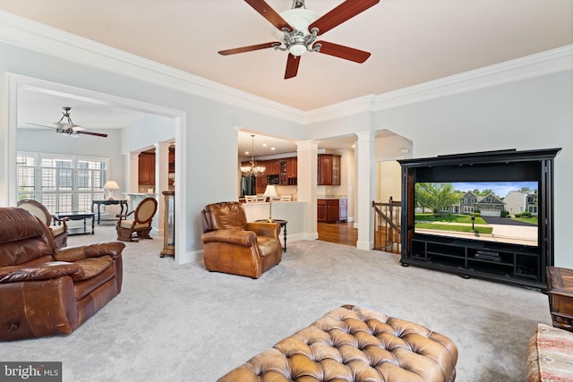 4729 Grand Masters Way, Woodbridge, VA 22192 - carpeted living room with ornate columns, a ceiling fan, crown molding, and a chandelier