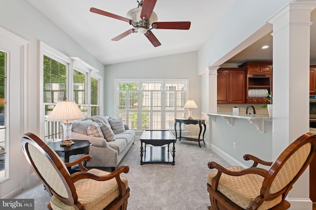 4729 Grand Masters Way, Woodbridge, VA 22192 - living area with ornate columns, lofted ceiling, light colored carpet, and a ceiling fan