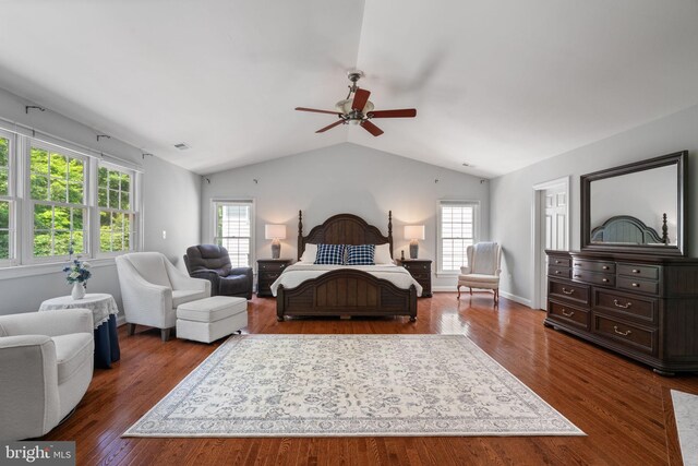 4729 Grand Masters Way, Woodbridge, VA 22192 - bedroom with vaulted ceiling, multiple windows, dark wood-style flooring, and a ceiling fan
