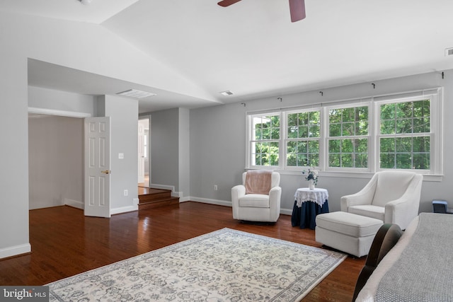 4729 Grand Masters Way, Woodbridge, VA 22192 - living area with lofted ceiling, a ceiling fan, and dark wood-type flooring