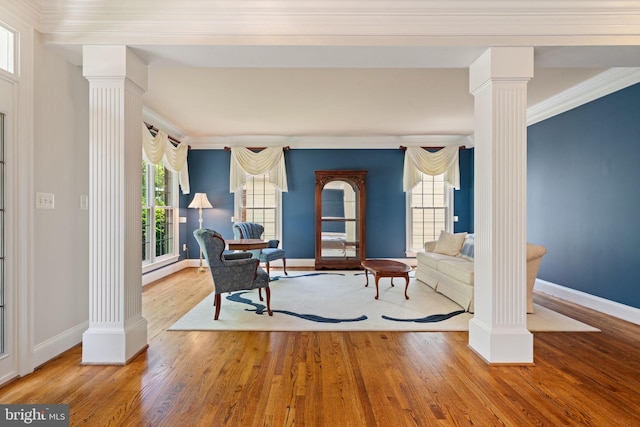 4729 Grand Masters Way, Woodbridge, VA 22192 - living area featuring ornate columns, wood finished floors, and crown molding