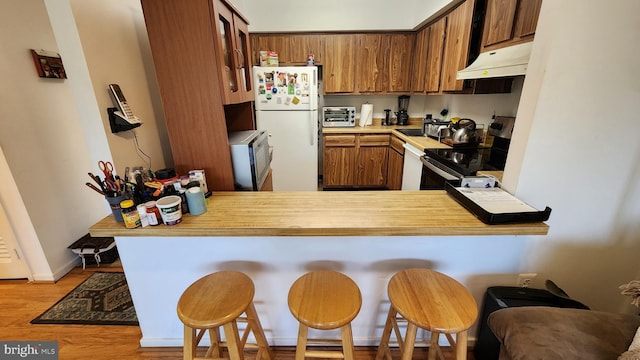 2921 N Leisure World Blvd Unit 418, Silver Spring, MD 20906 - kitchen with freestanding refrigerator, premium range hood, electric range oven, and a peninsula