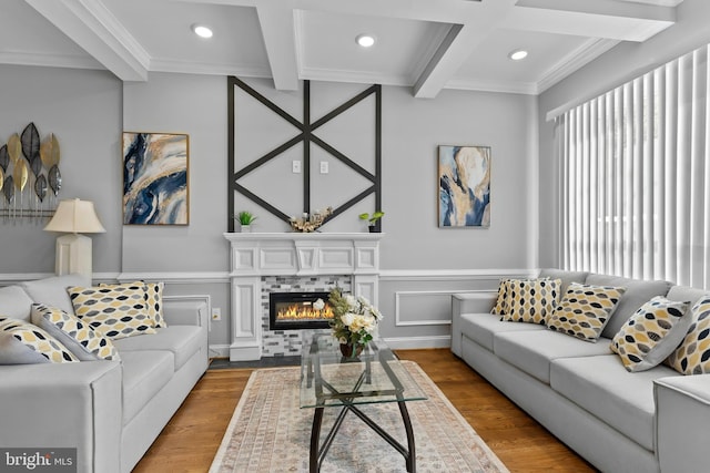 1330 Aisquith St, Baltimore, MD 21202 - living room featuring recessed lighting, beam ceiling, coffered ceiling, ornamental molding, and wood finished floors