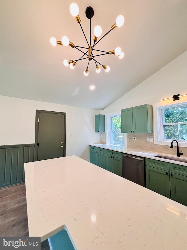 13015 Estelle Rd, Silver Spring, MD 20906 - kitchen with dishwasher, a sink, green cabinetry, wood finished floors, and light stone countertops