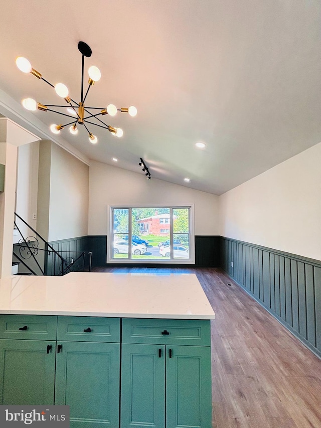 13015 Estelle Rd, Silver Spring, MD 20906 - kitchen with light wood-style flooring, a wainscoted wall, a chandelier, vaulted ceiling, and green cabinetry