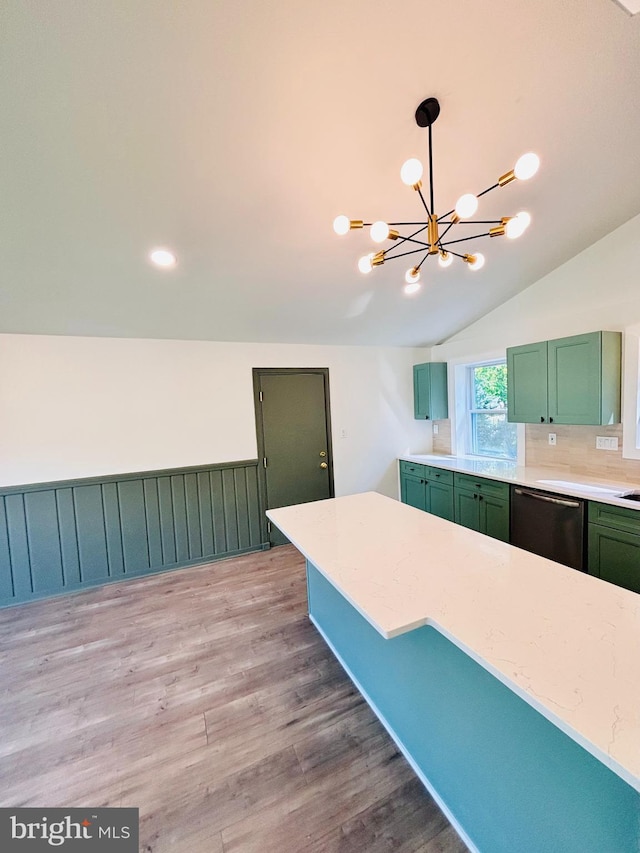 13015 Estelle Rd, Silver Spring, MD 20906 - kitchen featuring dishwasher, a chandelier, green cabinets, light wood-style flooring, and hanging light fixtures