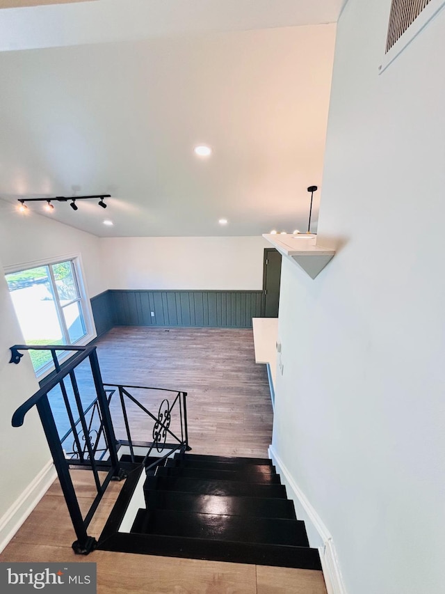 13015 Estelle Rd, Silver Spring, MD 20906 - staircase featuring wood finished floors, baseboards, and recessed lighting