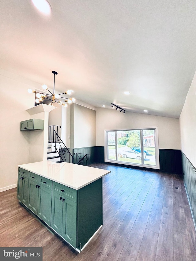 13015 Estelle Rd, Silver Spring, MD 20906 - kitchen with green cabinets, wood finished floors, a wainscoted wall, a chandelier, and light countertops