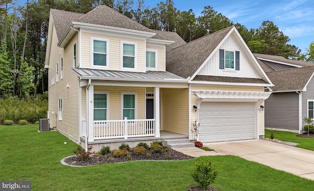 22543 Bradbury Way, Georgetown, DE 19947 - traditional home featuring a porch, central air condition unit, concrete driveway, a shingled roof, and a front lawn