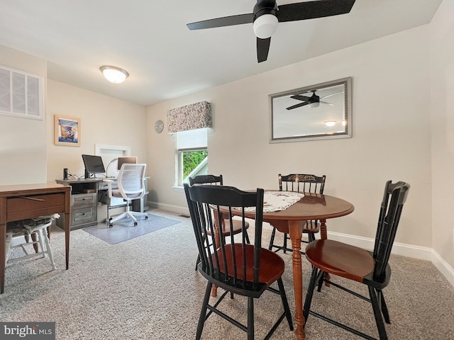 22543 Bradbury Way, Georgetown, DE 19947 - dining space with carpet floors, a ceiling fan, baseboards, and an office area