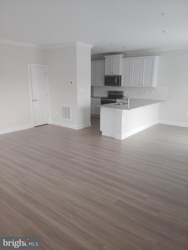 10019 Maids Fancy Way, Hagerstown, MD 21740 - kitchen featuring stainless steel microwave, ornamental molding, range with electric stovetop, wood finished floors, and baseboards