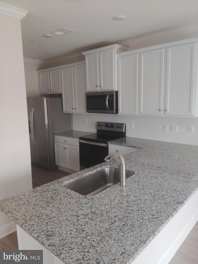 10019 Maids Fancy Way, Hagerstown, MD 21740 - kitchen with appliances with stainless steel finishes, a sink, crown molding, light stone counters, and white cabinetry