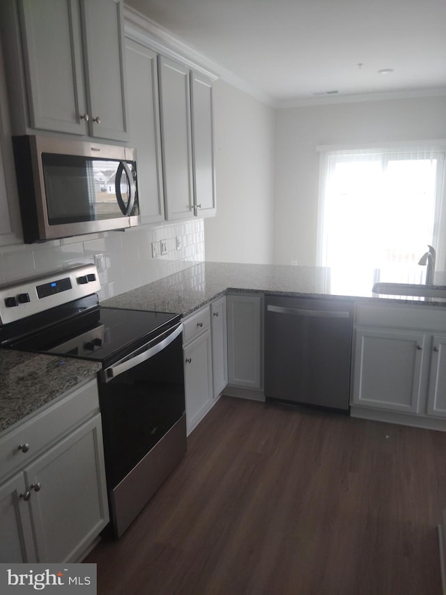 10019 Maids Fancy Way, Hagerstown, MD 21740 - kitchen with appliances with stainless steel finishes, a sink, dark wood finished floors, backsplash, and light stone countertops