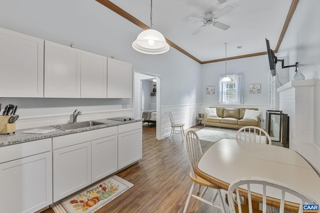 676 Victorian Ct, Charlottesville, VA 22901 - kitchen featuring a sink, white cabinets, ceiling fan, crown molding, and a wainscoted wall