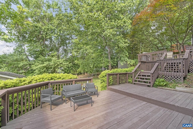 676 Victorian Ct, Charlottesville, VA 22901 - wooden terrace featuring stairs, view of wooded area, and outdoor lounge area