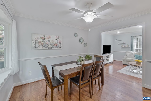 676 Victorian Ct, Charlottesville, VA 22901 - dining space with light wood-style floors, crown molding, a ceiling fan, and baseboards