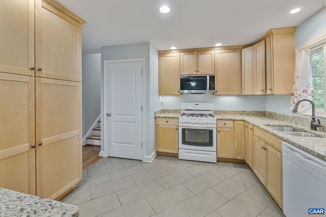 676 Victorian Ct, Charlottesville, VA 22901 - kitchen featuring light brown cabinets, white appliances, a sink, light stone counters, and recessed lighting