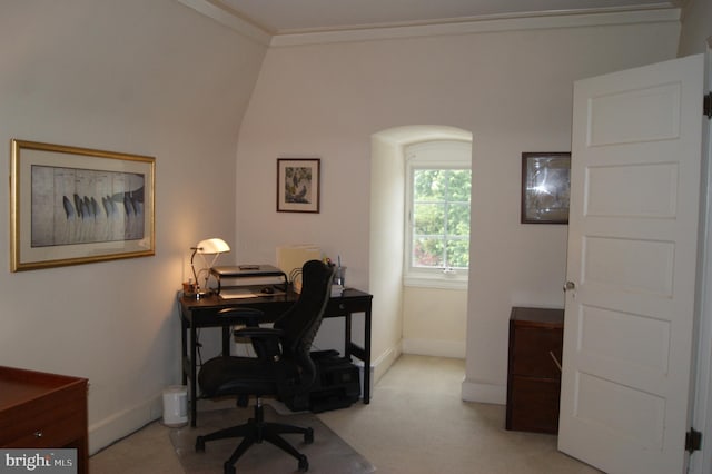 4305 Bradley Ln, Chevy Chase, MD 20815 - office featuring light carpet, baseboards, ornamental molding, and lofted ceiling