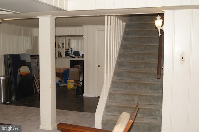 4305 Bradley Ln, Chevy Chase, MD 20815 - staircase with carpet and tile patterned flooring