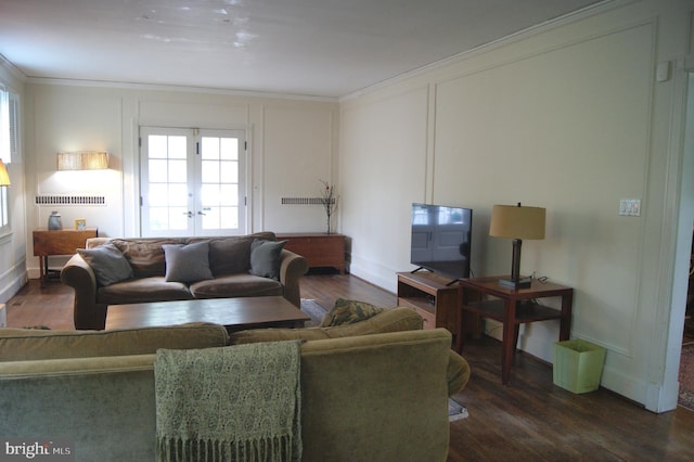 4305 Bradley Ln, Chevy Chase, MD 20815 - living room with dark wood-type flooring, crown molding, french doors, and baseboards