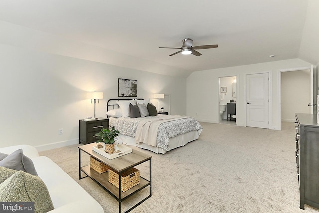 23219 Christopher Thomas Ln, Brambleton, VA 20148 - bedroom with light colored carpet, lofted ceiling, ensuite bathroom, and ceiling fan