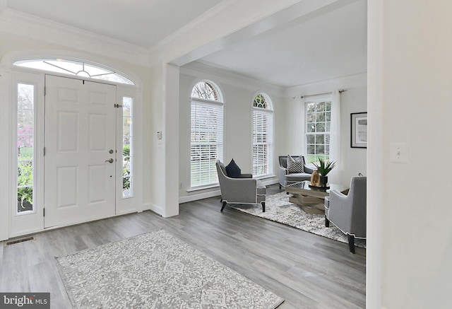 23219 Christopher Thomas Ln, Brambleton, VA 20148 - foyer entrance featuring wood finished floors and ornamental molding
