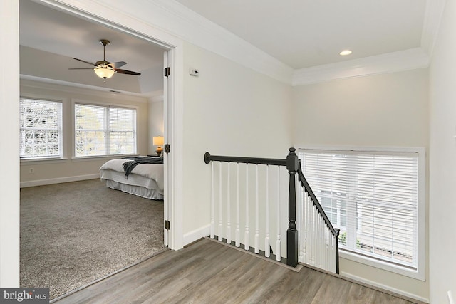 23219 Christopher Thomas Ln, Brambleton, VA 20148 - hall featuring ornamental molding, an upstairs landing, a raised ceiling, and wood finished floors