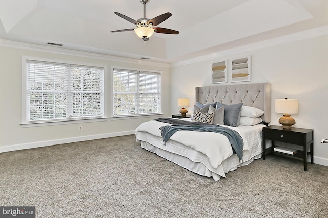 23219 Christopher Thomas Ln, Brambleton, VA 20148 - bedroom featuring a raised ceiling, carpet floors, crown molding, and ceiling fan