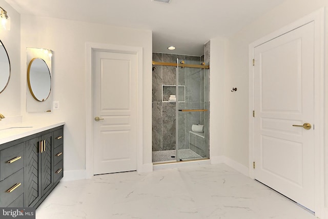 23219 Christopher Thomas Ln, Brambleton, VA 20148 - bathroom featuring marble look tile flooring, vanity, a marble finish shower, and recessed lighting