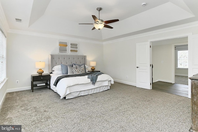 23219 Christopher Thomas Ln, Brambleton, VA 20148 - bedroom with a tray ceiling, crown molding, carpet, and ceiling fan